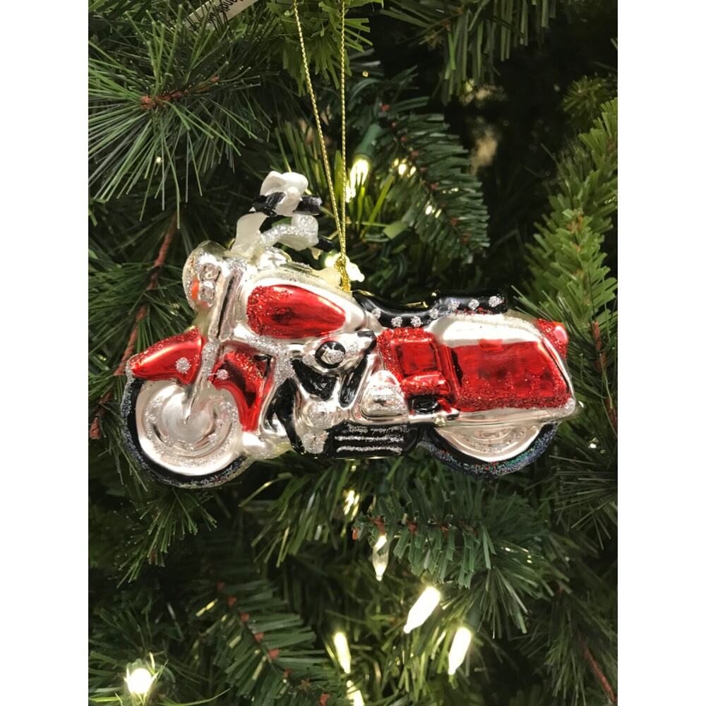 Motorcycle Ornament Glass Red Silver Christmas Tree Biker Enthusiasts